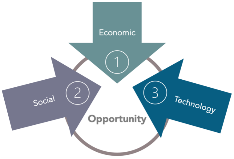 A great business opportunity occurs when at least three different forces come together to make change.