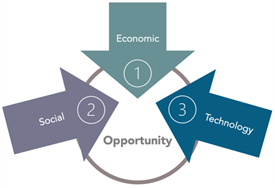 A great business opportunity occurs when at least three different forces come together to make change.